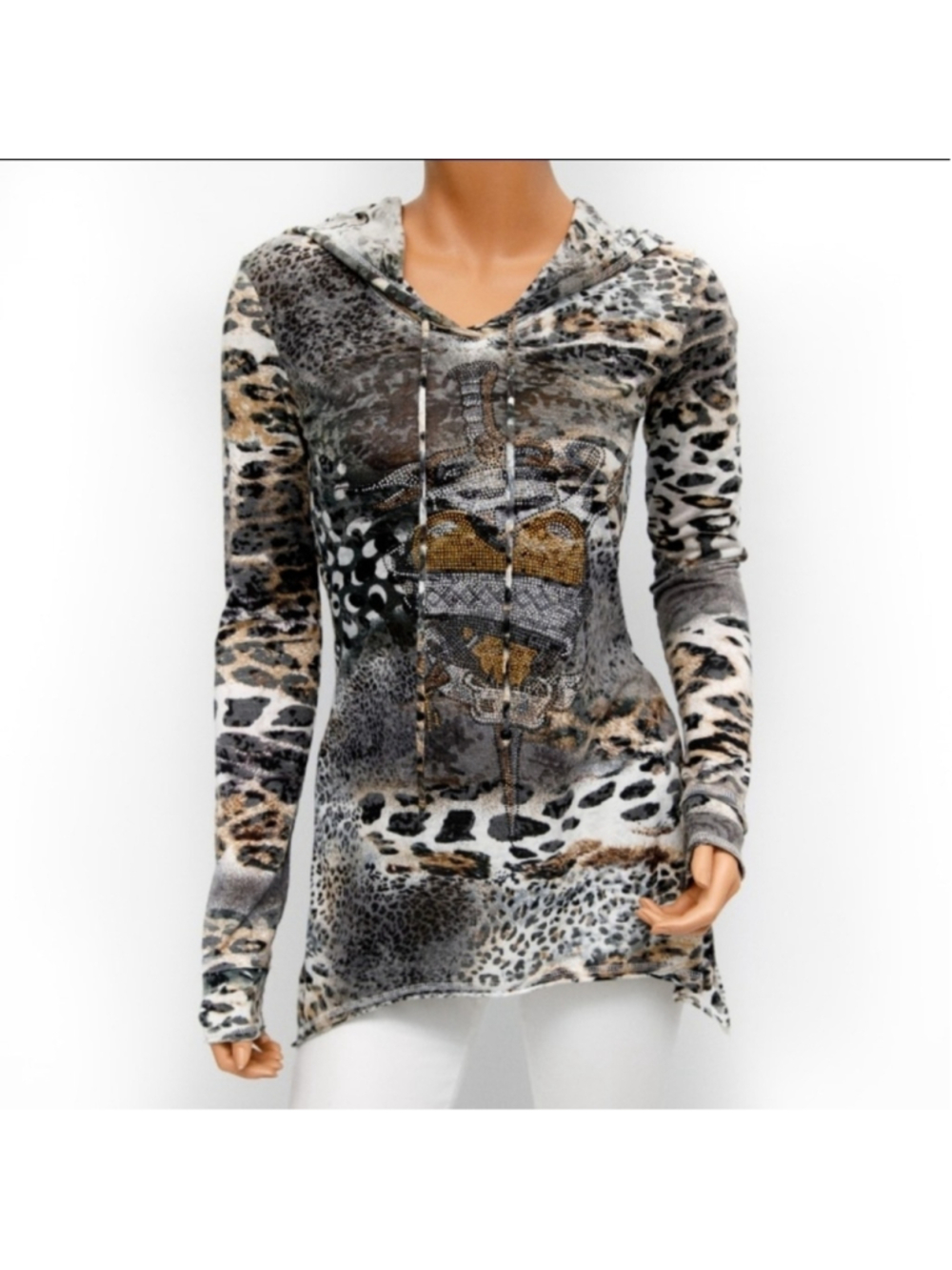 V Cristina - Animal Print Long Sleeve Hooded Top. M
